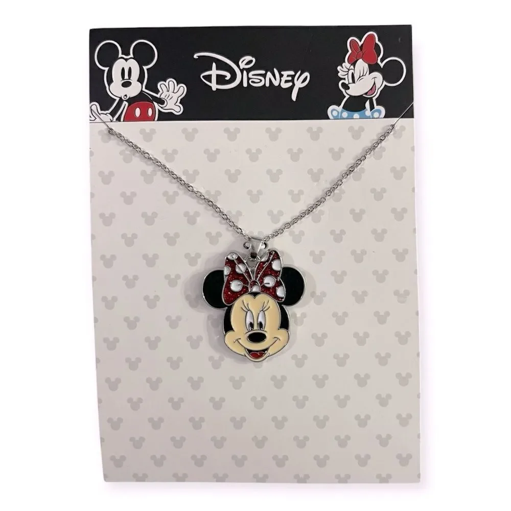 Disney Minnie Mouse Silver Tone Glitter Bow Pendant Adjustable 16” Necklace